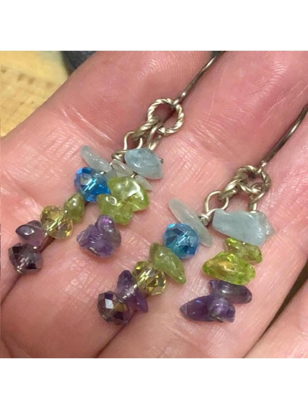 B1250 Multi-Gem Cluster Dangle Earrings Sterling Silver Amethyst Peridot  2"